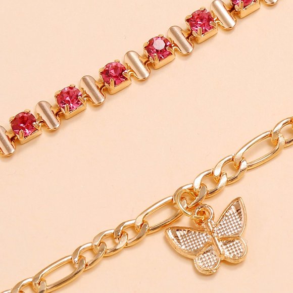 Anklet 2 pcs Gold Plated Pink Butterfly Anklet - Picture 2 of 4